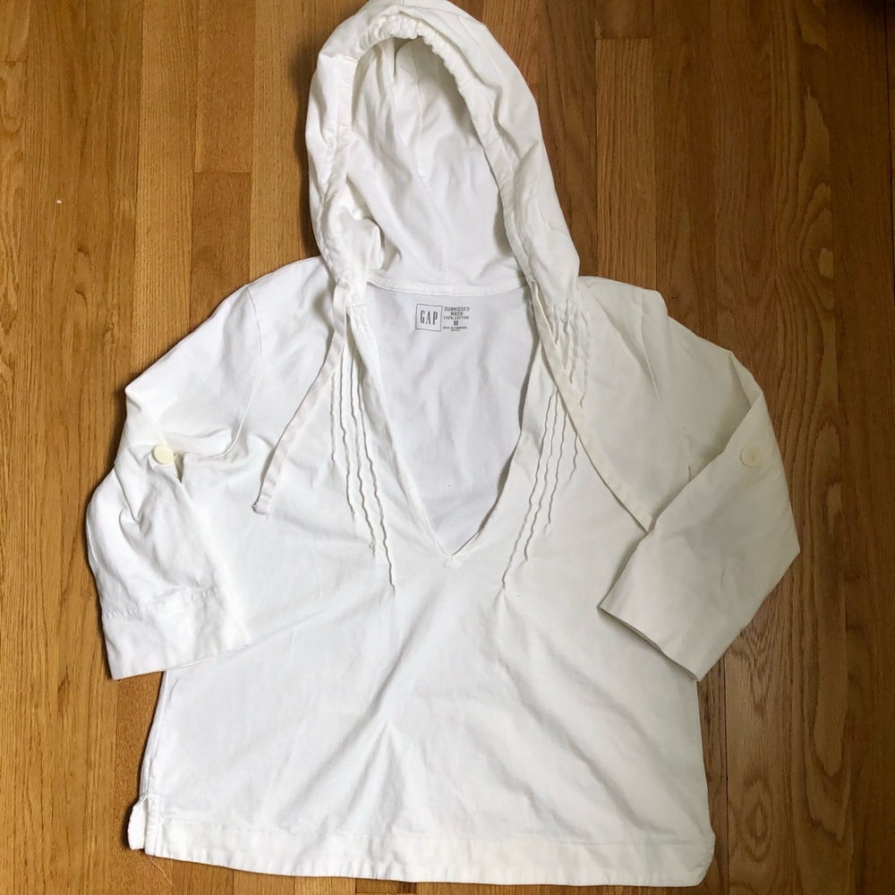 Gap White Cotton Hooded 3/4 Sleeve Shirt